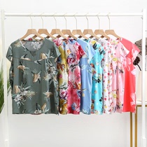 Middle-aged and elderly cotton silk pajamas female summer mother cotton cotton short-sleeved T-shirt thin plus size artificial cotton top