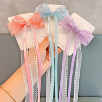 Hipster solid color childrens braided hair lace Pearl long ribbon hairclip card girl fairy air bow braided hair headgear