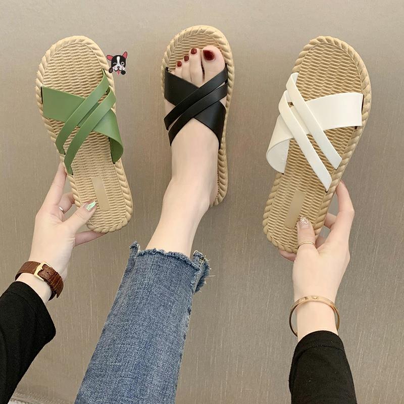 Korean version of home slippers women's summer non-slip soft bottom breathable cross slippers bath fashion casual wear sandals and slippers summer