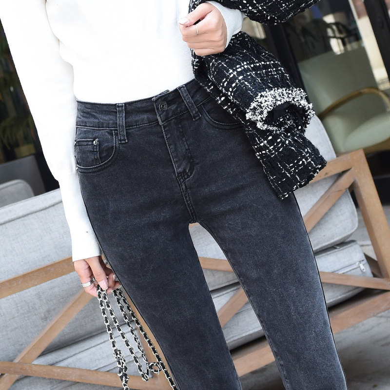 Smoke gray jeans women's autumn 2019 new Korean version of the high-waisted Western-style elastic tight-fitting thin cigarette pants nine points