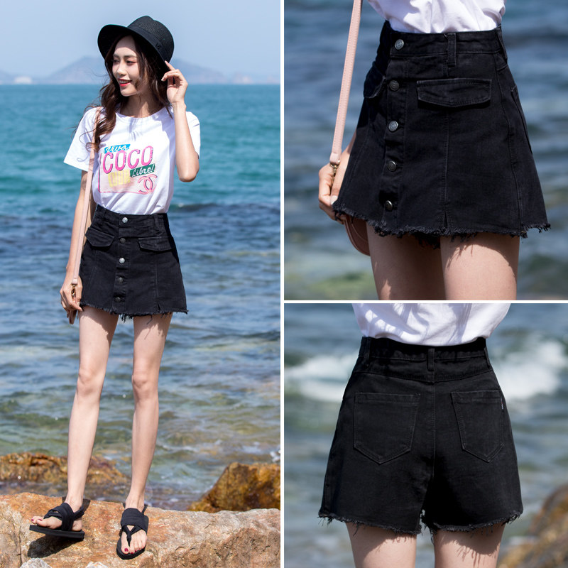 Black skirt, denim skirt, women's 2019 new Korean version of the high-waist bag hip a-word one-step skirt short skirt pants anti-light