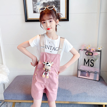 Girl Back Belt Pants Suit 2022 Summer New Ocean Gas Girl Net Red Children Han Version Short Sleeve Shorts Two Sets