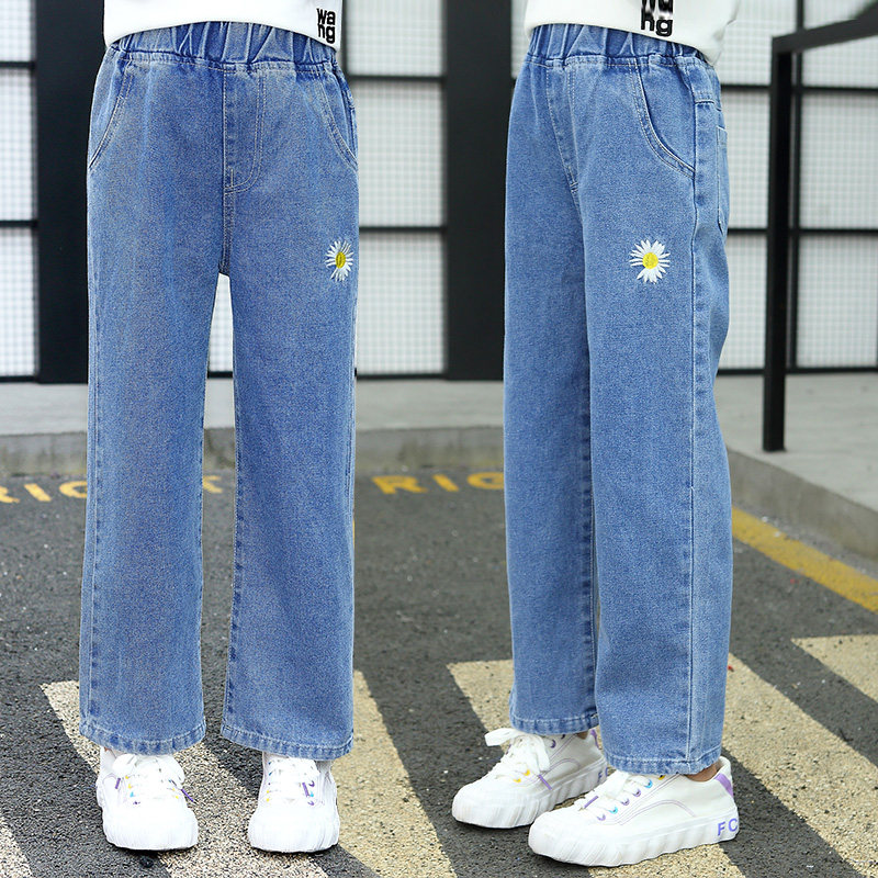 Girls' jeans 2022 new spring and autumn foreign style girls middle and big boys winter plus velvet loose small Zouju wide-leg pants