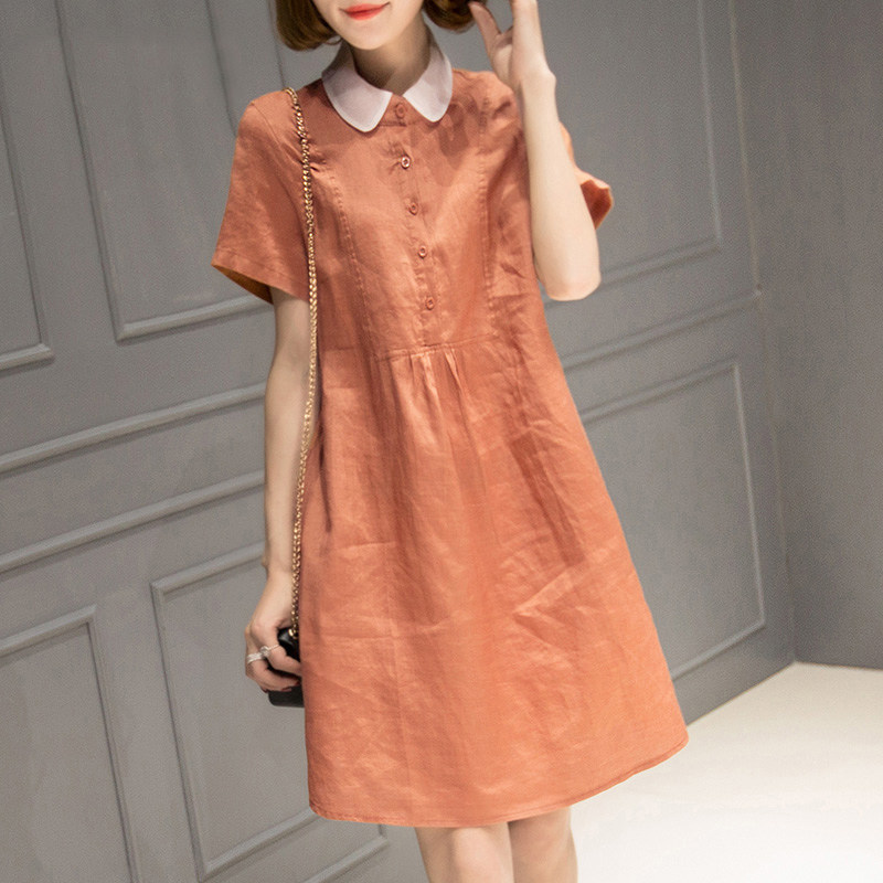 Jane cotton and hemp dress women's summer mid-long version 2021 new summer large size doll collar skirt linen shirt skirt