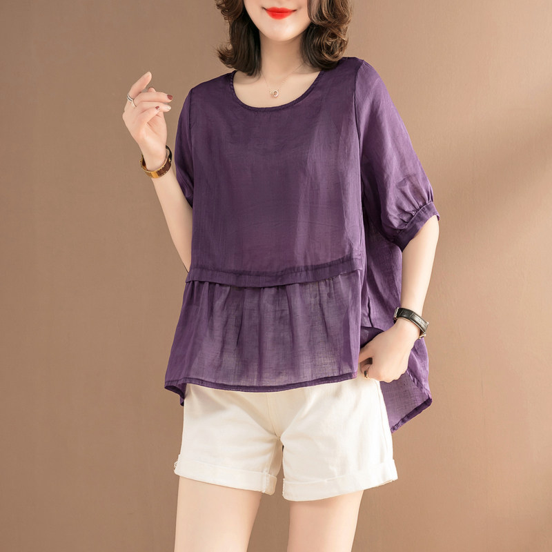 Cotton linen blouses female linen cotton half sleeve T-shirt Summer short jacket 2021 New large size relaxed design sensation