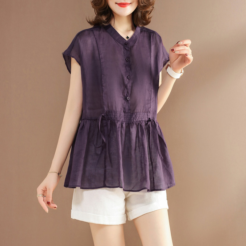 V-neck cotton linen top women's 2021 new Tencel linen cotton drawstring loose Korean version short-sleeved shirt women's summer