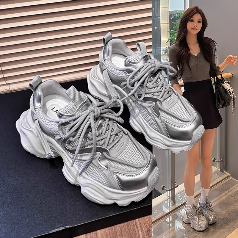 Hong Kong Genuine Leather Mesh Silver Dad Shoes for Women, New Spring and Autumn Thin Breathable Thick-Soled Height-Increasing Sports Casual Shoes