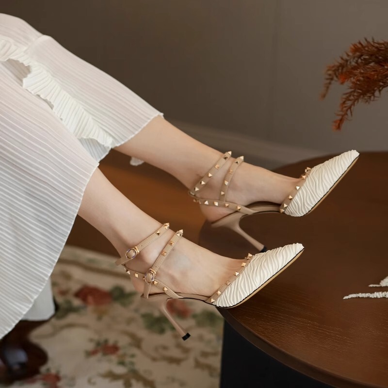 Hong Kong 2026 New Summer Pointed-Toe High-Heeled Shoes for Women, Stiletto Heels, French Style, Sexy and Elegant, Studded Design Sandals, White