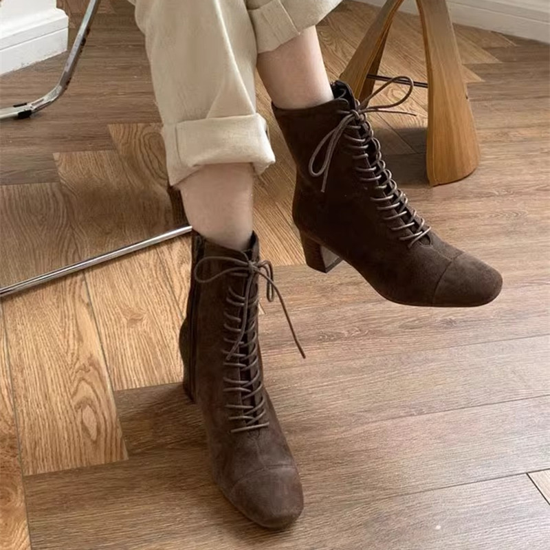 Hong Kong Square-Toe Chunky Heel Short Boots for Women 2026 New Genuine Leather Suede Retro Lace-Up Martin Boots High-Heeled Slim Boots