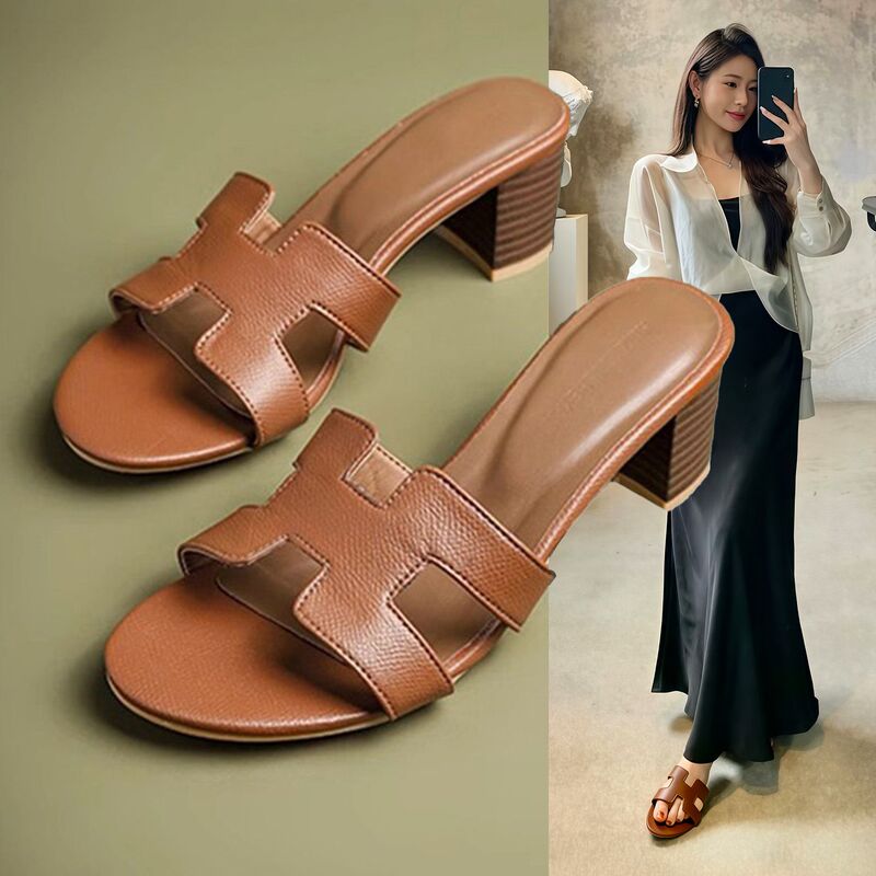 Hong Kong High-Heeled Genuine Leather Slippers for Women, Fashionable for Outdoor Wear, 2026 Spring/Summer, Medium Heel, Chunky Heel, Versatile Slide Sandals, Trendy