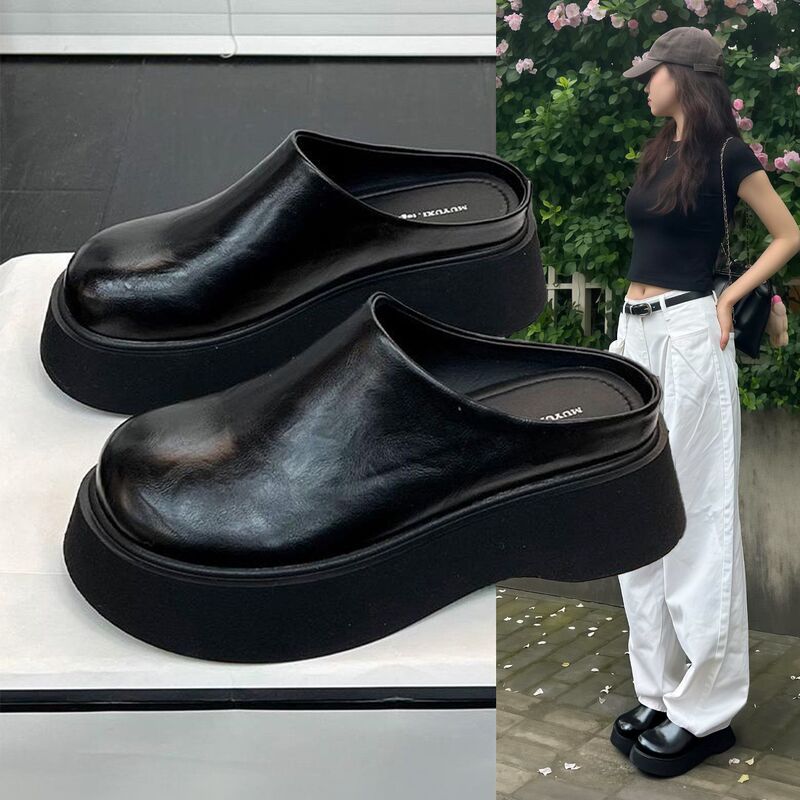 Hong Kong Genuine Leather Thick-Soled Closed-Toe Half-Slippers for Women, 2026 Spring and Autumn New Style, Round-Toe Soft-Soled Height-Increasing Slip-On Outdoor Slippers