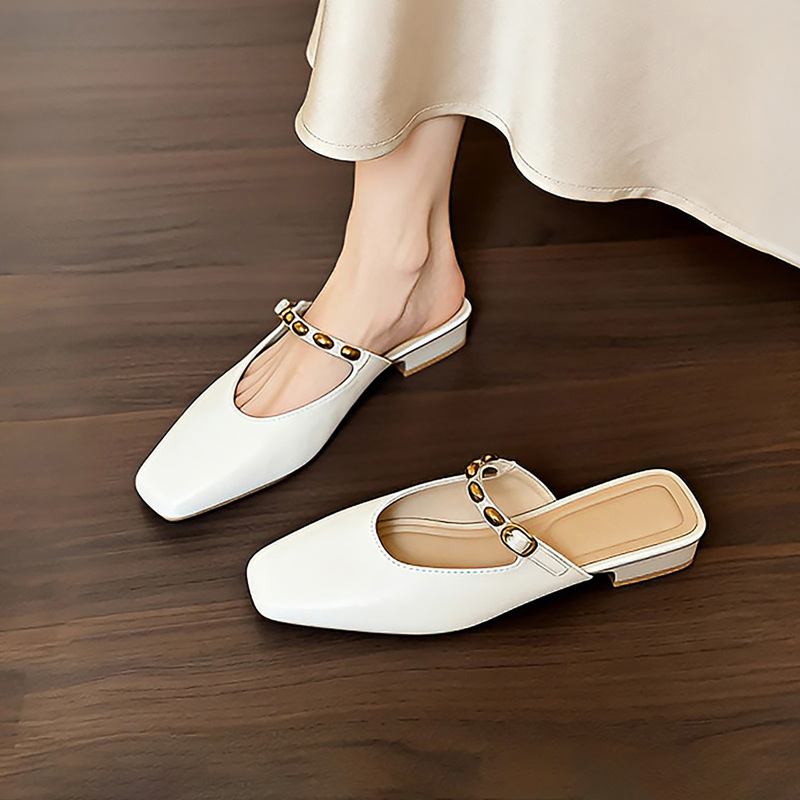 Hong Kong Square-Toe Mules, French-Style Closed-Toe Sandals for Women, 2026 Spring/Summer New Style, Outdoor Wear, Chunky Heel, Slip-On Shoes