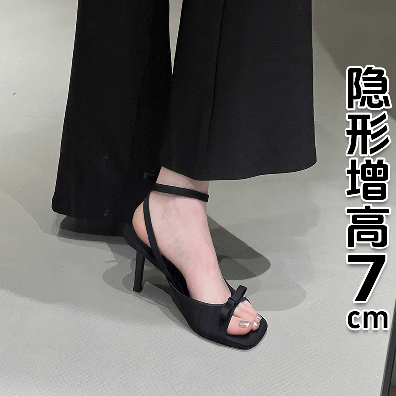Hong Kong 2026 New Summer Style Ankle Strap Black Satin Bow High-Heeled Sandals Stiletto Open-Toe Women's Sandals