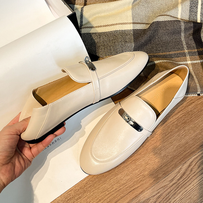 Hong Kong Genuine Leather Soft-Soled Two-Way Wear Small Leather Shoes for Women with Metal Buckle, Fashionable Soft Girl Jk Loafers, Slip-On Lazy Shoes