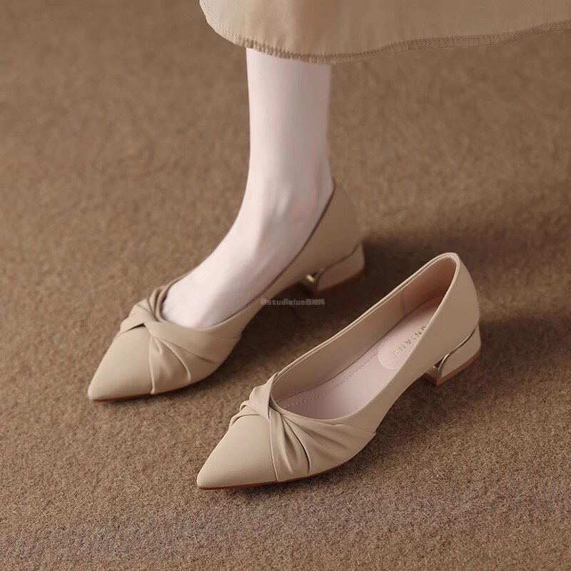 Exquisite Hong Kong Genuine Leather Low-Heeled Pointed-Toe Women's Shoes, 2026 Summer New Style, Casual Outerwear, Chunky Heel, Shallow Mouth Shoes