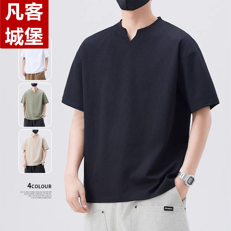Vanke Castle Short-Sleeve Men's Summer Loose Henry Collar Casual V-Neck Trendy Brand Half-Sleeve T-Shirt Men's Top