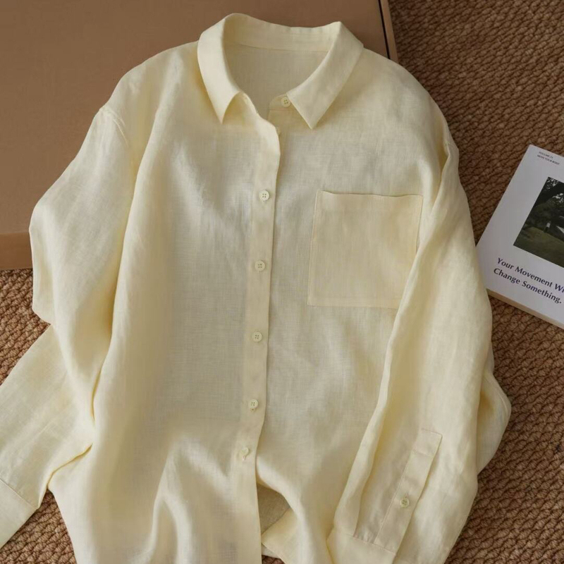 Bestie Imported Linen Shirt in Creamy Yellow for Women, Light Luxury, Lazy Style, Slimming, Versatile Long-Sleeve Top