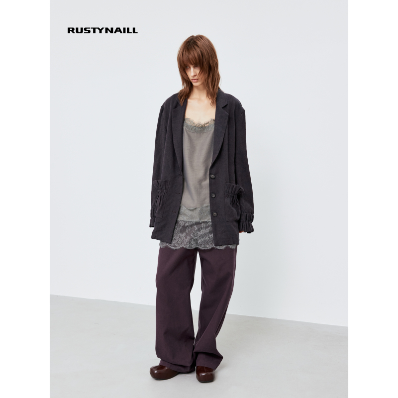 Rustynaill Wool and Hemp Lightweight Vintage-Style Lace Pleated Casual Silhouette Blazer Small Suit Rustynaill Wool and Hemp Lightweight Vintage-Style Lace Pleated Casual Silhouette Blazer Small Suit