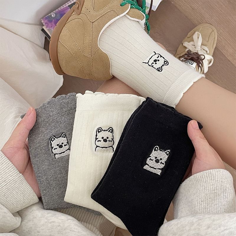 Cartoon West Highland Cute Embroidered Puppy Socks for Women, Spring and Autumn Classic Black and White Gray Adorable Dog Mid-Calf Socks