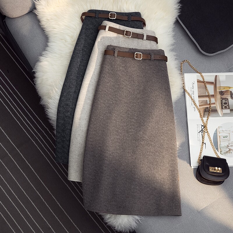 2021 winter high waist woolen bag hip A-line skirt women's Korean version mid-length skirt over the knee thickened long skirt