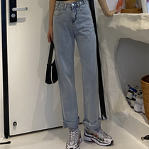  THREE12 new light blue straight tube high and thin high waist burrs drop jeans women