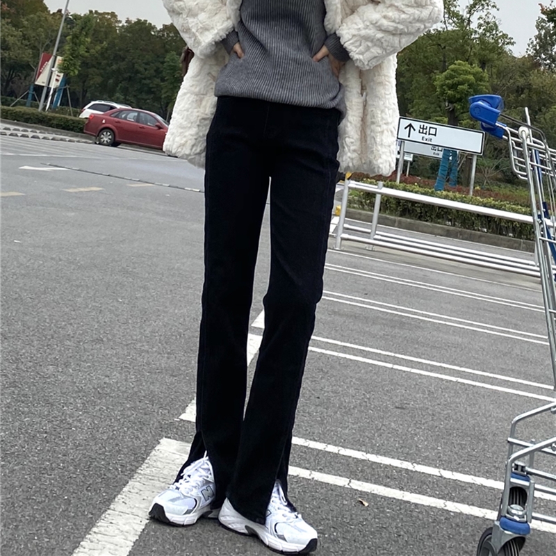 SELFSOLO original THREE12 autumn winter new high waist straight cylinder pants elastic front open fork black jeans-Taobao