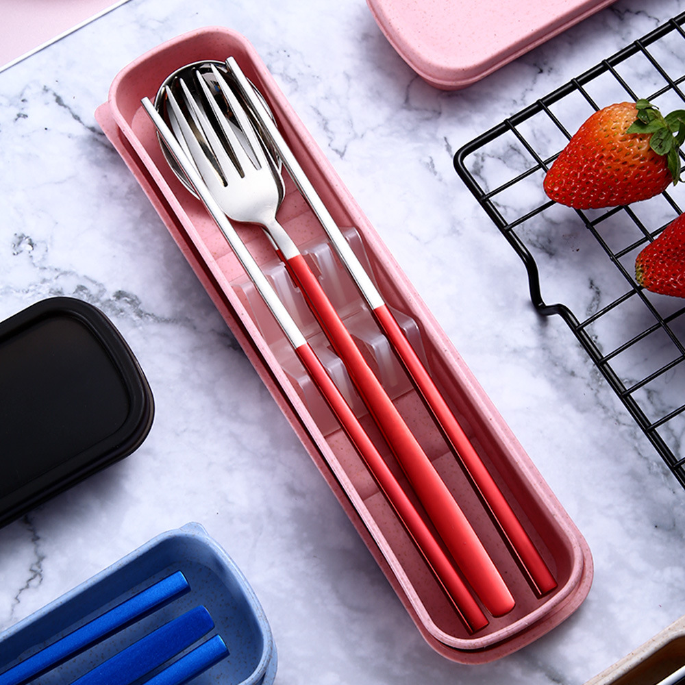 Stainless steel cutlery set portable chopsticks spoon one person food tableware three sets stainless steel fork single student