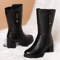 Boots Women 2021 autumn and winter leather boots plus velvet soft bottom mother shoes long tube leather boots thick heel womens boots