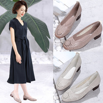 Genuine Leather Mom Shoes Dongle Shoes Sandals Women 2022 New Summer Fashion Hollowed-out Middle Heels Soft Bottom Comfort Single Shoes