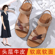 2022 New Summer Sandals Women Outwear Soft Bottom Comfort Middle Aged Women Shoes Flat Bottom Non-slip Genuine Leather Mom Shoes Woman