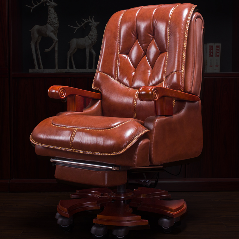 Lifollon Luxury Solid Wood Owner Office Chair Genuine Leather Large Class Chair Lift Swivel Can Footrest Bull Leather Computer Chair