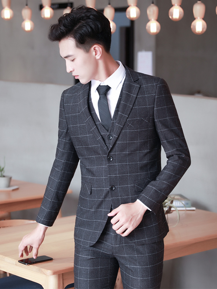 Men's gray plaid suit suit three-piece business dress Korean version slim groom wedding dress suit man