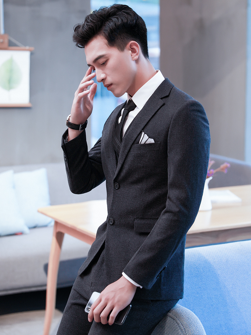 Suit men's three-piece suit Korean version slim professional business dress Gray groom wedding dress Men's suit suit