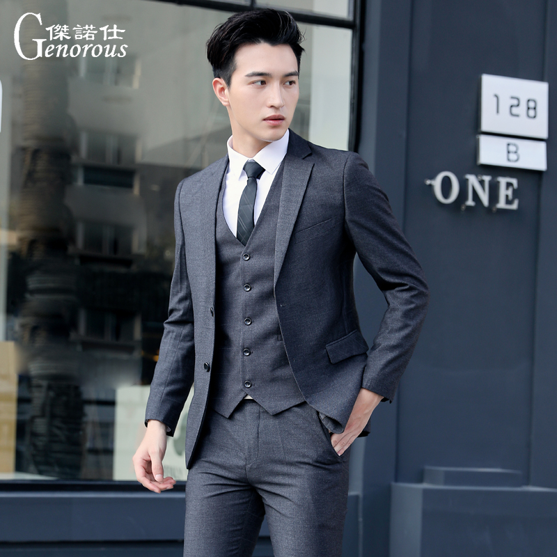 West suit suit men's three sets Korean version for business career positive dress dark plaid suit men wedding gown