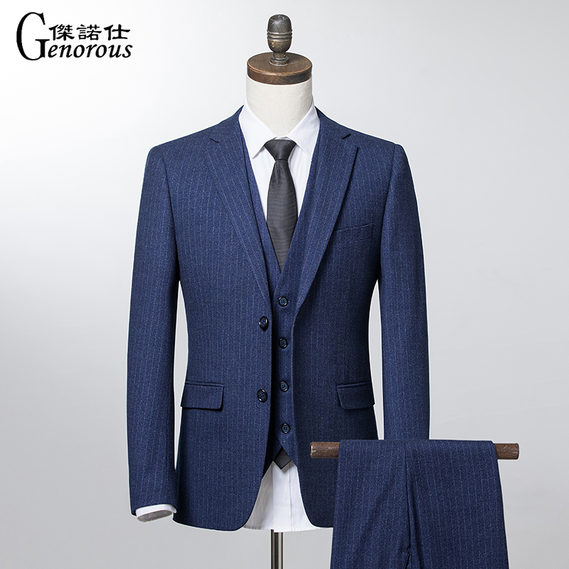 Western-style suit men's three sets Korean version of a blue striped suit with bridegroom New Lang knot wedding dress