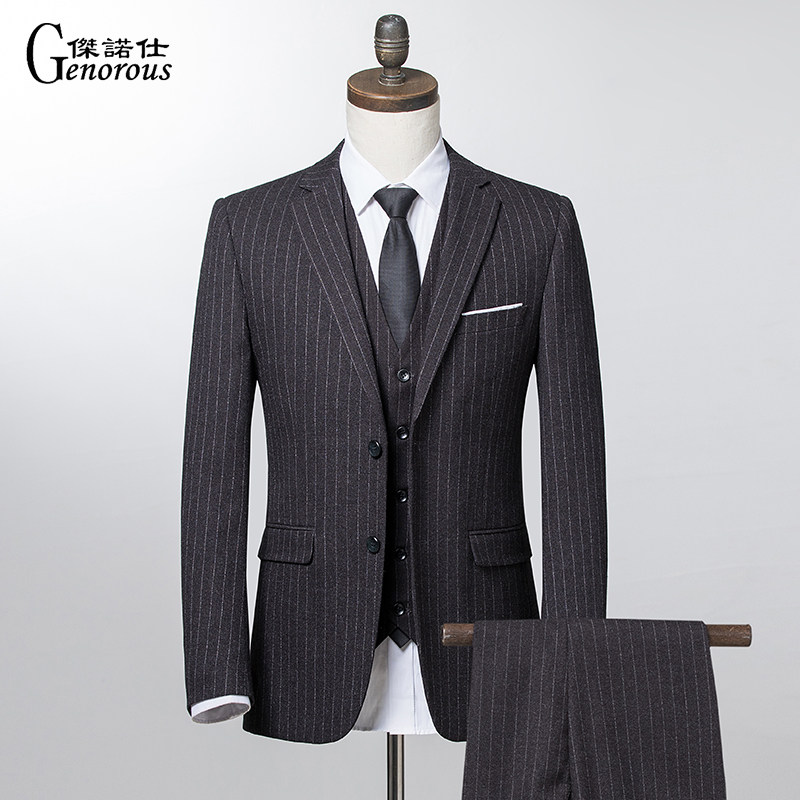 Western-style suit men's three sets Korean version of a black striped suit with bridegroom New Lang knot wedding dress