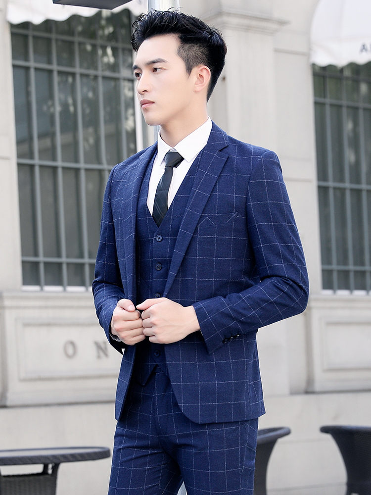Suit suit men's three-piece suit Korean version slim groom wedding formal dress Plaid British style small suit man