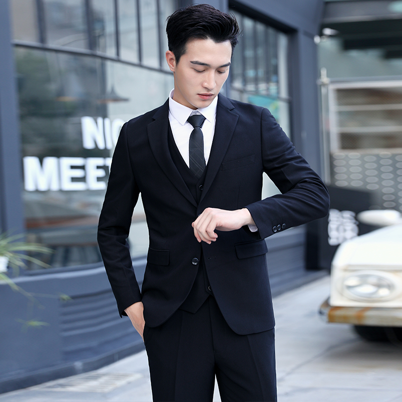 Suit suit men three pieces of elastic fit to ironing business career dress Han groom married suit man