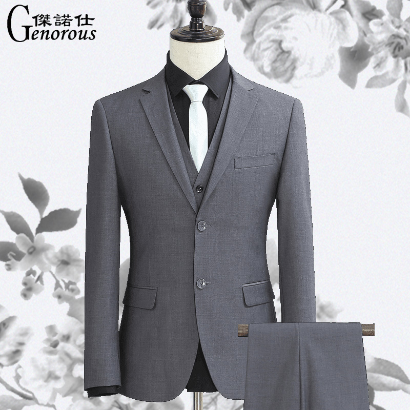 Suit suit men's three-piece gray slim fit suit business formal work work clothes tooling four seasons best man dress