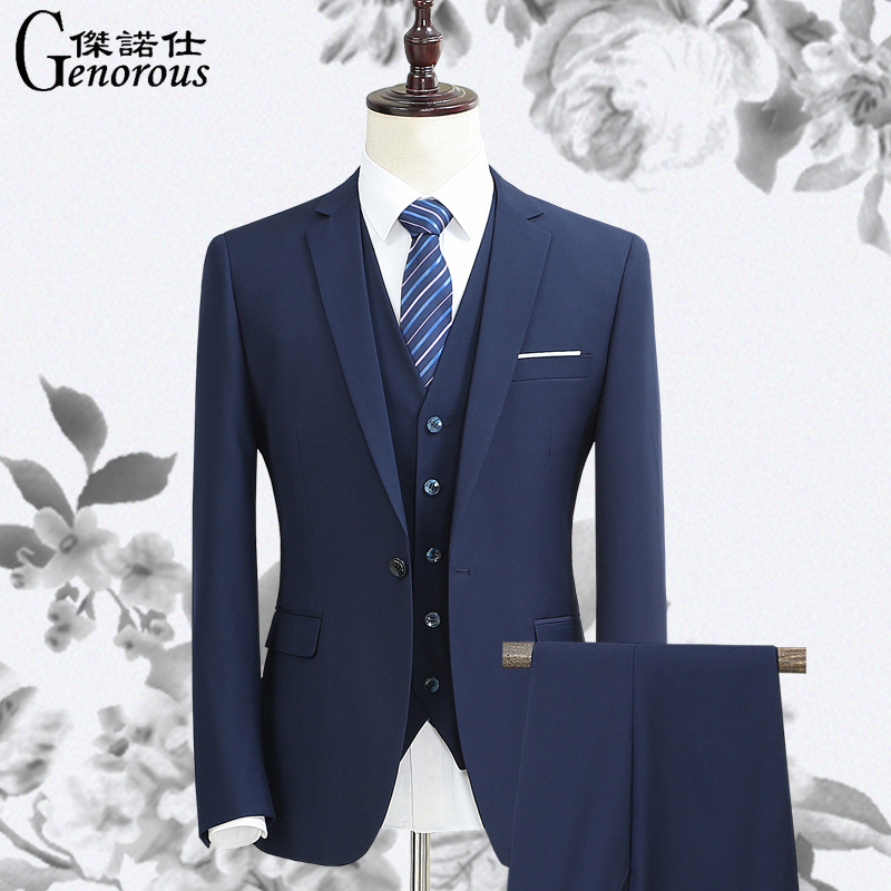 Suit suit Men's three-piece suit slim-fit blue suit Men's business formal work suit Groom best man wedding dress