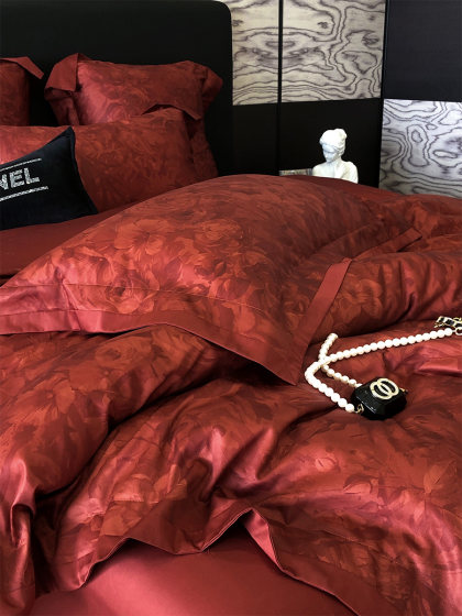 爱之蔓轻奢风数码印花婚庆四件套全棉酒红色结婚被套床单床上用品