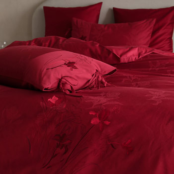 Lotus-dyed jacquard cotton retro new chinese style wedding bedding four-piece set pure cotton red wedding quilt cover sheets