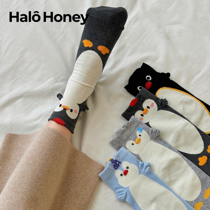 Cartoon Cute Penguin Socks for Women, Mid-Calf Socks, Trendy Pure Cotton Autumn and Winter Japanese Style Fun Couple Slouch Socks