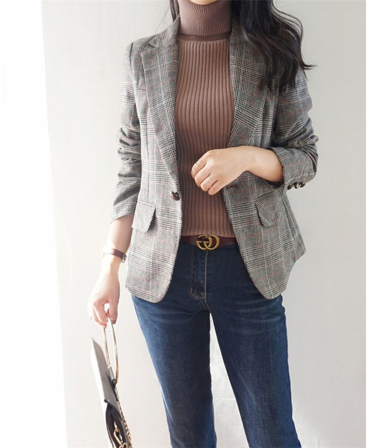 Áo khoác kẻ sọc nữ 2018 thu đông 2018 new slim retro mang hương vị sang trọng lưới đỏ kiểm tra bộ đồ nhỏ giản dị thời trang nữ