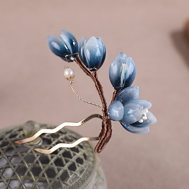 New Chinese style gradient blue hairpin, ancient costume hair accessory, suitable for Hanfu and cheongsam, U-shaped hair comb, women's updo hair accessory.