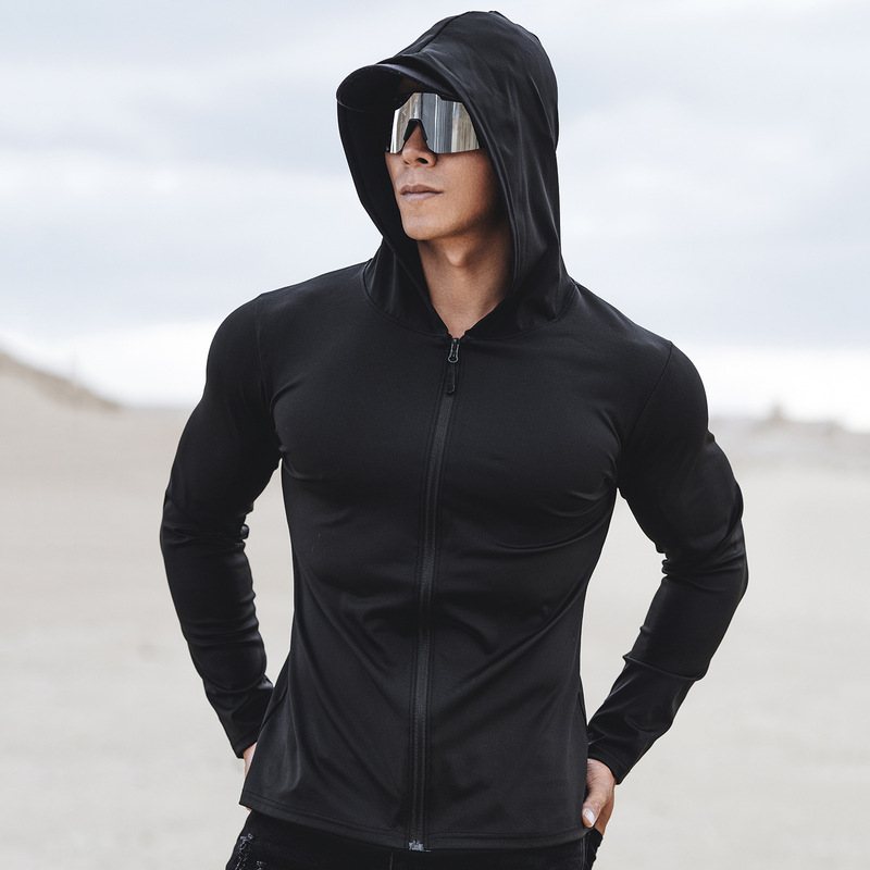 American-Style Sports Sweatshirt for Men, Long-Sleeved, Thin, Running Training, Quick-Drying Fitness Jacket, Hooded Zipper Shirt, Casual Top