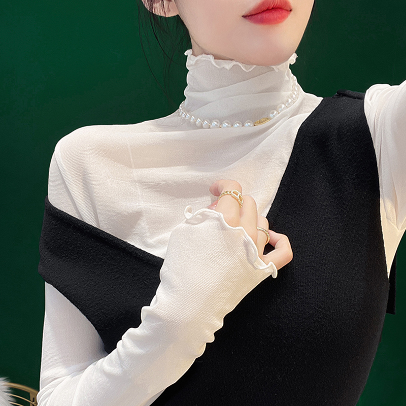 New Autumn and Winter Stylish High-Neck Lace Base Shirt for Women, Thin Long-Sleeved Gauze Shirt with a Layered Collar and Mesh Top