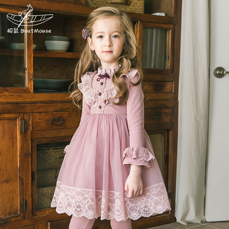 Boat mouse princess dress girl dress little girl autumn and winter long sleeve puffy gauze baby plus velvet pink children's skirt