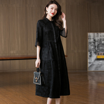 High-end large-brand floro fragrant cloud yarn with dress 2022 spring summer new black display slim real silk long dress 50% sleeves