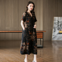 Wide Mrs. floral fragrance cloud yarn Long dress true silk dress Girl 2022 Summer new big card Fat mother mulberry silk dress